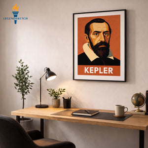 Framed poster of Johannes Kepler featuring a bold, stylized portrait on a warm orange background with the name “KEPLER” in large white letters at the bottom, hanging on a light neutral wall above a wooden desk.