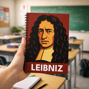 Hand holding a spiral notebook of the mathematician Gottfried Leibniz in a high school classroom setting