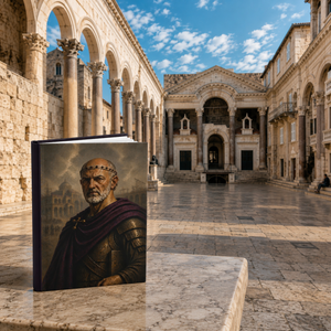 Hardcover journal of Roman emperor Diocletian in the Peristyle area of the Palace in Split Croatia