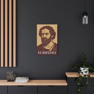 Canvas wall art stylized illustration of Greek playwright Euripides above a modern desk on a dark wall