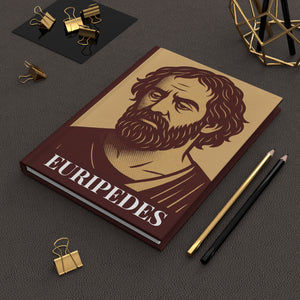 Hardcover journal with a bold illustration of Greek playwright Euripides lying flat on a desk