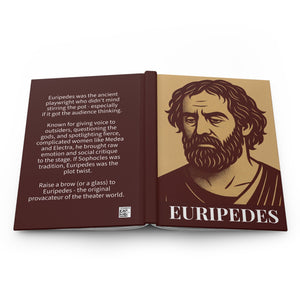 Bold illustration of Greek philosopher Euripides on front cover and a biography on back cover