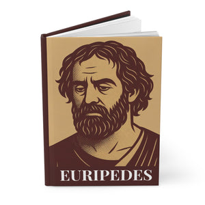 Hardcover journal with a bold illustration of Greek playwright Euripides with pages visible