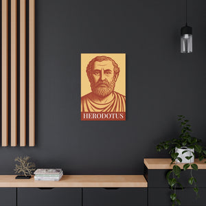 Canvas wall art with a bold orange and yellow Illustration of Greek historian Herodotus on a dark wall above a shelf