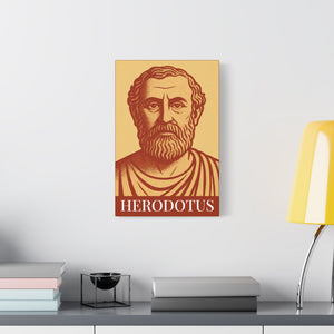 Canvas wall art with a bold orange and yellow Illustration of Greek historian Herodotus on a white wall above a modern desk