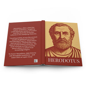 Hardcover journal with a bold orange and yellow illustration of Herodotus on the  front cover and bio on the back cover.