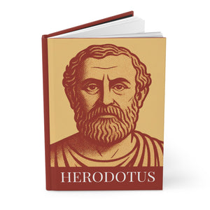Hardcover journal with a bold orange and yellow illustration of Greek historian Herodotus with open pages