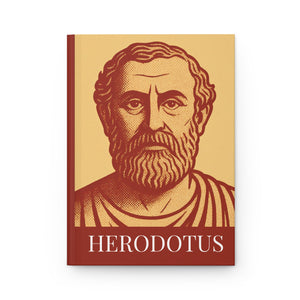 Hardcover journal with a bold orange and yellow illustration of Greek historian Herodotus