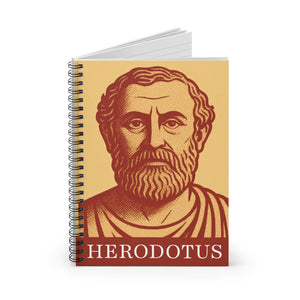 Spiral notebook with a bold orange and yellow illustration of Greek historian Herodotus with open pages