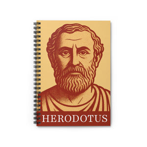 Spiral notebook with a bold orange and yellow illustration of Greek historian Herodotus