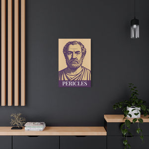 Canvas wall art with a bold purple and beige Illustration of Greek statesman Pericles on a dark wall above a shelf