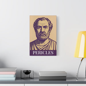 Canvas wall art with a bold purple and beige Illustration of Greek statesman Pericles on a white wall above a desk