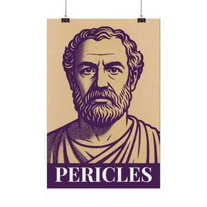 Bold purple and beige illustration of Greek statesman Pericles on a fine art poster ready to frame