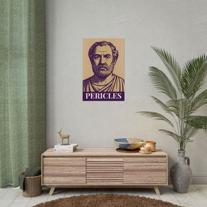 Bold purple and beige illustration of Greek statesman Pericles on a fine art poster on wall in a modern interior room
