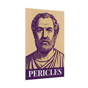 Bold purple and beige illustration of Greek statesman Pericles on a fine art poster on a side view