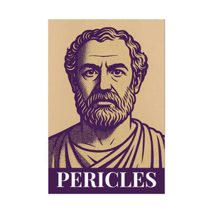 Bold purple and beige illustration of Greek statesman Pericles on a fine art poster