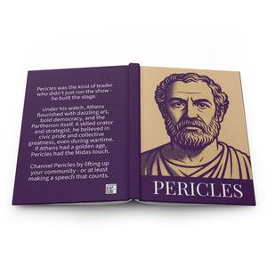 Hardcover journal with a bold illustration of Greek statesman Pericles on the front cover and a bio on the back cover