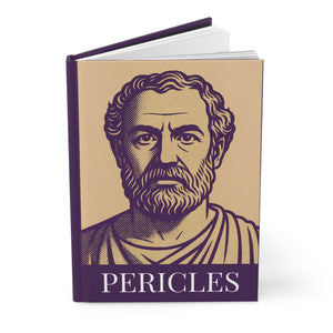 Hardcover notebook with a purple and beige portrait of Greek statesman Pericles with open pages