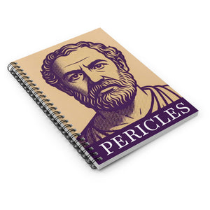 Spiral notebook with a purple and beige portrait of Pericles lying flat on a white surface