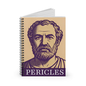 Spiral notebook with a purple and beige portrait of Pericles with open pages