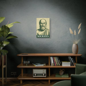Canvas wall art with a bold green and beige illustration of ancient Greek philosopher Socrates in a room interior with books