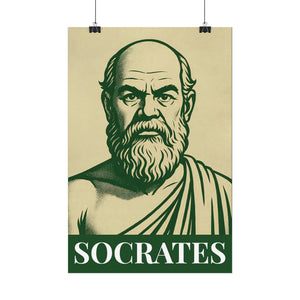 Fine art poster with a bold green and beige illustration of ancient Greek philosopher Socrates ready to frame