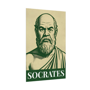 Fine art poster with a bold green and beige illustration of ancient Greek philosopher Socrates side view
