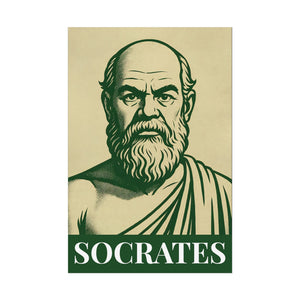 Fine art poster with a bold green and beige illustration of ancient Greek philosopher Socrates