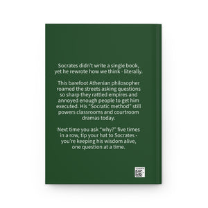 Hardcover journal with a bold green and beige illustration of ancient Greek philosopher Socrates with a short bio on the back cover