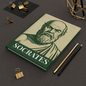 Hardcover journal with a bold green and beige illustration of ancient Greek philosopher Socrates on a dark surface