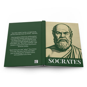 Hardcover journal with a bold green and beige illustration of ancient Greek philosopher Socrates on the front cover and a short biography on the back cover