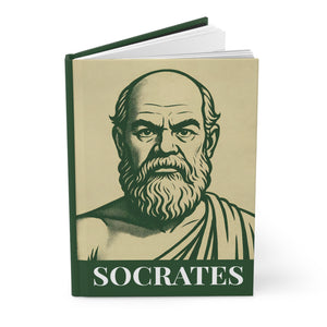 Hardcover journal with a bold green and beige illustration of ancient Greek philosopher Socrates with open view