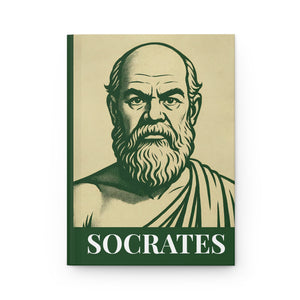 Hardcover journal with a bold green and beige illustration of ancient Greek philosopher Socrates
