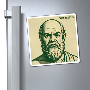 Fridge magnet with a bold green and beige illustration of ancient Greek philosopher Socrates on a refrigerator