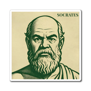 Fridge magnet with a bold green and beige illustration of ancient Greek philosopher Socrates
