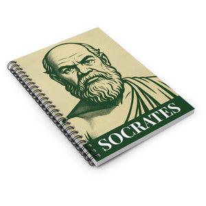 Spiral notebook with a bold green and beige illustration of ancient Greek philosopher Socrates lying flat on a white surface