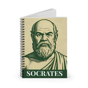 Spiral notebook with a bold green and beige illustration of ancient Greek philosopher Socrates with open view