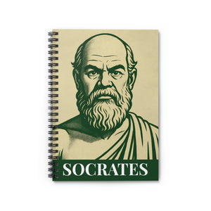 Spiral notebook with a bold green and beige illustration of ancient Greek philosopher Socrates