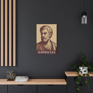 Canvas wall art with a bold burgundy and beige illustration of ancient Greek playwright Sophocles on a dark wall above a shelf