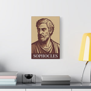 Canvas wall art with a bold burgundy and beige illustration of ancient Greek playwright Sophocles on a white wall above a desk