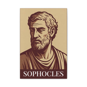 Canvas wall art with a bold burgundy and beige illustration of ancient Greek playwright Sophocles
