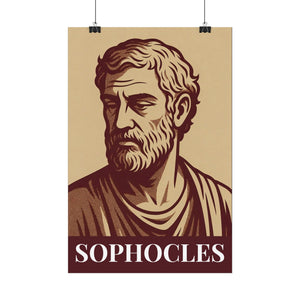 Fine art poster with a bold burgundy and beige illustration of ancient Greek playwright Sophocles ready to frame