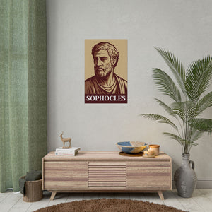 Fine art poster with a bold burgundy and beige illustration of ancient Greek playwright Sophocles on a wall in interior room
