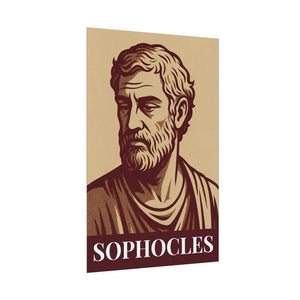 Fine art poster with a bold burgundy and beige illustration of ancient Greek playwright Sophocles side view