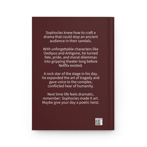 Hardcover journal with a bold burgundy and beige illustration of ancient Greek playwright Sophocles and a short tribute on the back cover