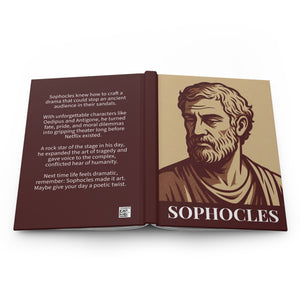 Hardcover journal with a bold burgundy and beige illustration of ancient Greek playwright Sophocles on the front cover and a tribute bio on the back cover