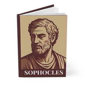 Hardcover journal with a bold burgundy and beige illustration of ancient Greek playwright Sophocles open pages
