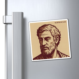 Fridge magnet with a bold burgundy and beige illustration of ancient Greek playwright Sophocles mockup