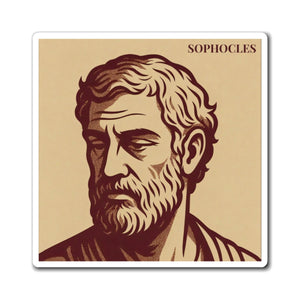 Fridge magnet with a bold burgundy and beige illustration of ancient Greek playwright Sophocles
