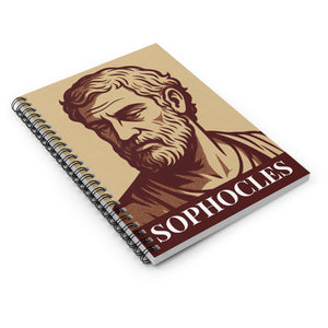 Spiral notebook with a bold burgundy and beige illustration of ancient Greek playwright Sophocles lying flat on a white surface
